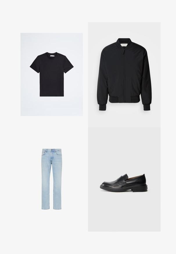 Must must jacket, mis on valmistatud siledast kangast, esiotsaga lukk, soonikmanžetid ja klassikaline krae. Minimalistlik disain ilma mustriteta.; Must lühikeste varrukatega ümar kaelusega T-särk väikese tooni logoga vasakul rinnal ja valge brändisildiga krae sees.; Hele sinised sirge säärega teksapüksid esiküljel nupu, lukuga ning viie tasku disainiga, pildil valgel taustal.; Must musta kemppedista nahkasaapad madala kontsaga ja peene Calvin Kleini logoga küljel, näidatud profiilis valgel taustal.