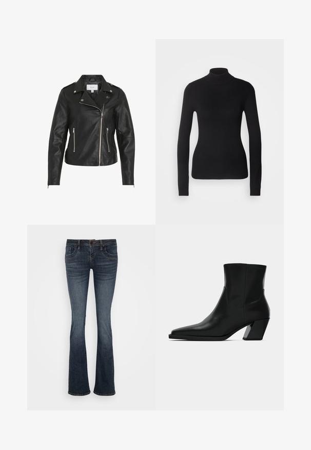 Schwarze Leder-Motorradjacke mit asymmetrischem Reißverschluss, silberner Hardware, zwei Reißverschlusstaschen und strukturierten Nähten.; Schwarzer Rollkragenpullover aus leichtem Strickgewebe. Mit langen Ärmeln, taillierter Passform und weichem Ripptextil.; Dunkelblaue ausgestellte Jeans mit mittelhohem Bund, fünf Taschen und subtilen Stichakzenten. Hergestellt aus Denim mit glatter Textur.; Schwarze Leder-Stiefelette mit spitzem Zeh, schlanker Silhouette und klobigem quadratischem Absatz. Glatte Textur mit minimalen Nähdetails.