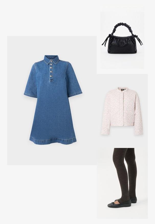 Chaqueta blanca corta con estampado floral en rosa y verde, cuello alto, mangas largas y dos bolsillos frontales con solapa.; Vestido de mezclilla con cuello tipo camisa, mangas cortas y cinco botones metálicos en la parte delantera. Tejido azul con una textura suave y un ligero desvanecimiento.; Piernas con leggings oscuros acanalados combinados con bailarinas negras que presentan pequeños detalles de lazo sobre un fondo blanco.; Bolso negro con textura de cocodrilo, borde superior fruncido, asa recogida y cordones con borlas en cada lado sobre un fondo blanco.