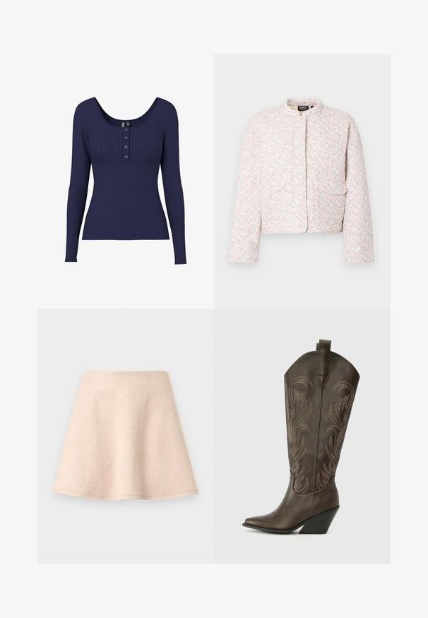 Witte cropped jas met roze en groene bloemenprint, opstaande kraag, lange mouwen en twee klepzakken aan de voorkant.; Donkerblauw ribbel shirt met lange mouwen, een ronde halslijn en een knopenlijst met drie metalen knopen in het midden.; Licht beige uitlopende rok gemaakt van zachte stof. Heeft een gladde textuur en een nette zoom; eenvoudig ontwerp zonder extra patronen of accenten.; Bruine leren cowboylaars met een spitse neus, wiggenhak en decoratieve borduursels. Heeft een hoge schacht en een trekriem.