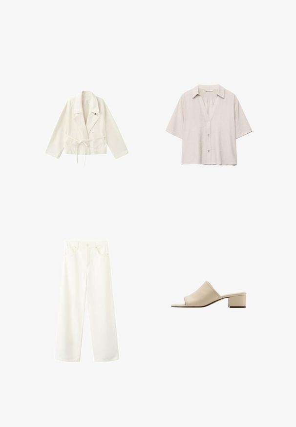 Veste ceinturée blanc cassé avec larges revers, manches longues et poches plaquées à l'avant, présentée à plat sur un fond blanc.; Chemise beige clair à manches courtes avec col et trois boutons à l'avant, réalisée en tissu texturé.; Jean blanc en denim à taille haute et jambes larges, doté de cinq poches, passants pour ceinture, et fermeture par bouton et zip.; Sandale mule beige à bout ouvert avec un petit talon bloc et une tige en cuir lisse, vue de profil sur fond blanc.