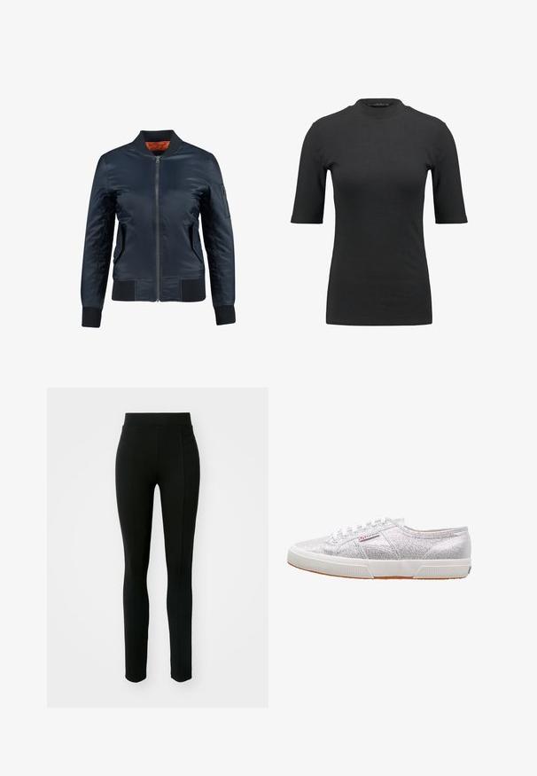Chaqueta bomber de color navy con cierre de cremallera, bolsillos laterales, puños acanalados y forro interior naranja. Fabricada en un material suave y ligero.; Camiseta negra de canalé con un cuello alto y mangas cortas. Diseño liso y ajustado sin patrones ni detalles de hardware visibles.; Leggings negros de material elástico, con cintura alta, corte ajustado y dos bolsillos frontales sin costuras visibles.; Zapatillas plateadas con purpurina y suela de goma blanca, con puntera redonda, diseño de cordones y un parche con el logo en el lateral.