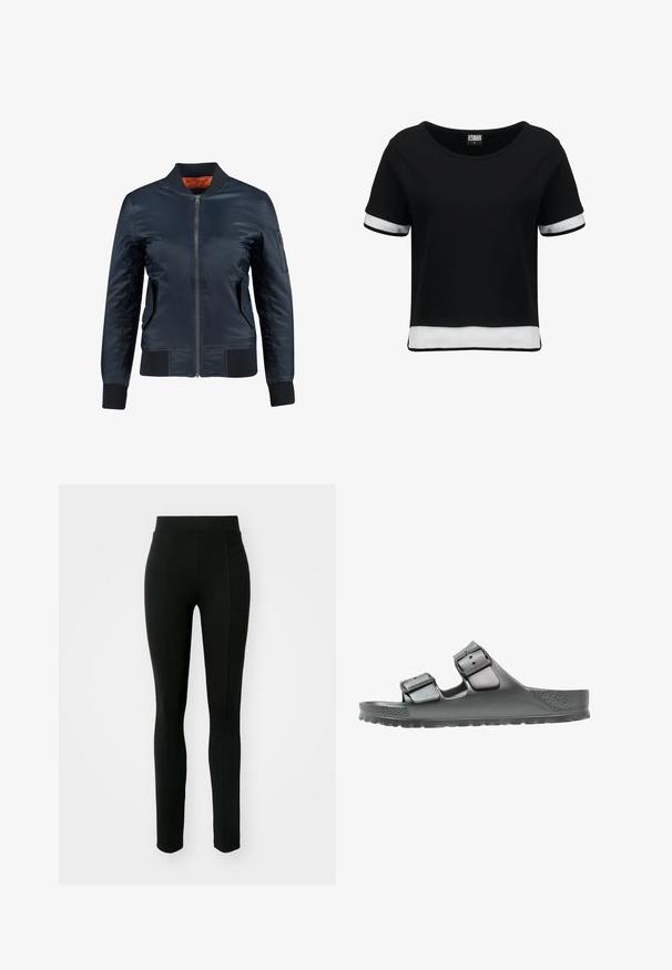 Veste aviateur marine avec fermeture éclair, poches latérales, poignets côtelés et doublure intérieure orange. Fabriquée en matériau lisse et léger.; T-shirt noir court à manches courtes, avec des accents en maille blanche sur les manches et l'ourlet. Tissu lisse ; encolure arrondie.; Leggings noirs en matière extensible, dotés d'une taille haute, d'une coupe slim et de deux poches avant sans coutures visibles.; Sandale grise avec deux sangles réglables, finition texturée, semelle large et semelle anatomique pour le confort. Design léger et flexible.