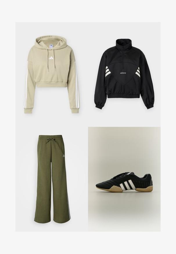 Μαύρο πουλόβερ Adidas με μισό φερμουάρ, λευκές πλαϊνές ρίγες, ελαστικές μανσέτες και ελαστικό τελείωμα σε μονόχρωμο φόντο.; Μπεζ cropped φούτερ με λευκό λογότυπο Adidas στο στήθος και τρεις λευκές ρίγες σε κάθε μανίκι, με κουκούλα και κορδόνι.; Φαρδιά παντελόνια joggers σε ελιά πράσινο χρώμα, κατασκευασμένα από μαλακό ύφασμα, με ελαστική μέση με κορδόνι και λευκές πλευρικές ρίγες. Λογότυπο Adidas σε ασημί.; Μαύρο αθλητικό παπούτσι με λευκές ρίγες και μπεζ υφασμένο πάτο σε ουδέτερο φόντο, εμφανίζεται σε πλαϊνή όψη.