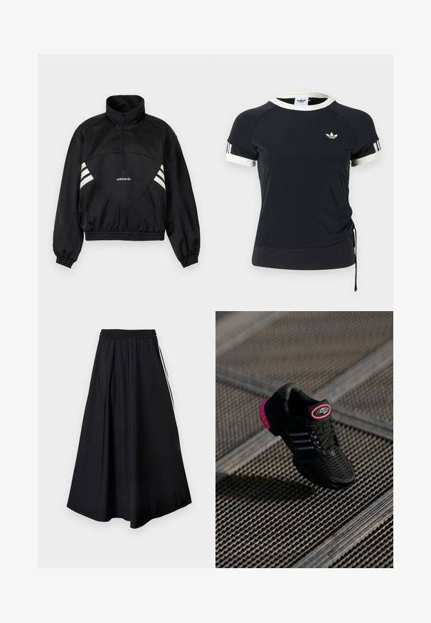 Čierna pulóverová bunda Adidas s polovičným zipsom, bielymi bočnými pruhmi, elastickými manžetami a elastickým lemom na jednofarebnom pozadí.; Čierny športový top s bielym golierom a rukávmi, na hrudi s logom a so šnúrkou na boku pre nastaviteľné prispôsobenie.; Čierne nohavice s širokými nohavicami, elastickým pásom a bielymi bočnými pruhmi, zobrazené na jednoduchom bielom pozadí.; Čierna športová obuv s priehľadnou vrchnou časťou, ružovými akcentmi a čiernymi pruhovanými detailmi. Obsahuje štruktúrovanú podrážku a štítok s logom na päte.