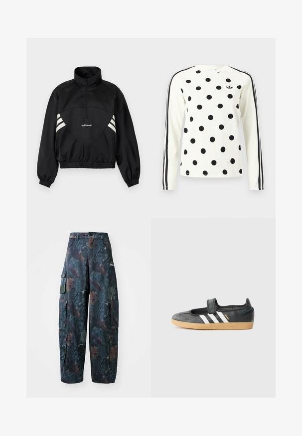 Veste à enfiler noire Adidas avec demi-fermeture éclair, bandes latérales blanches, poignets élastiques et ourlet élastique sur fond uni.; Chemise blanche à manches longues avec des pois noirs, logo Adidas noir sur la poitrine, et deux bandes noires courant le long de chaque manche.; Pantalons cargo camouflage en vert foncé et marron, dotés de plusieurs poches et d'une coupe décontractée, fabriqués à partir d'un tissu léger et résistant.; Sneaker en cuir noir et suède avec une sangle Velcro, arborant trois bandes blanches et une semelle en caoutchouc, étiqueté "SAMBA" sur le côté.