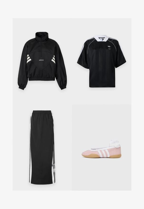 Chaqueta tipo pulóver negra de Adidas con cremallera hasta la mitad, rayas blancas en los lados, puños elásticos y bajo elástico sobre fondo liso.; Camiseta deportiva negra de manga corta, con detalles blancos y cuello en V. Presenta rayas verticales y un pequeño logo en el pecho.; Falda deportiva larga negra con paneles laterales blancos y franjas negras, cintura elástica y parche con el logo de Adidas cerca del dobladillo inferior.; adidas Originals TAEKWONDO MEI BALLET - Zapatillas - clear pink/ftwr white/gum
