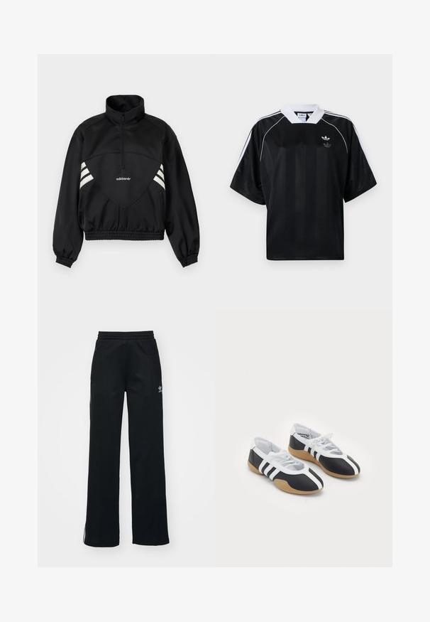 Chaqueta tipo pulóver negra de Adidas con cremallera hasta la mitad, rayas blancas en los lados, puños elásticos y bajo elástico sobre fondo liso.; Camiseta deportiva negra de manga corta, con detalles blancos y cuello en V. Presenta rayas verticales y un pequeño logo en el pecho.; Pantalones deportivos negros con corte relajado, cintura con cordón, bolsillos laterales con cremallera y sutil marca blanca en la pierna izquierda.; Zapatillas deportivas en blanco y negro con un diseño elegante, suela de goma, cierre de cordones y tres franjas blancas en los lados.