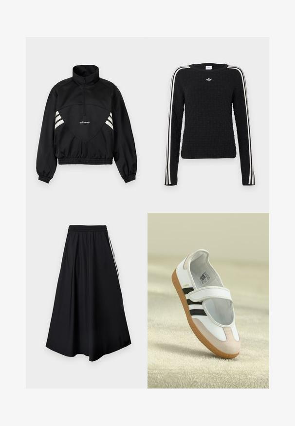 Μαύρο πουλόβερ Adidas με μισό φερμουάρ, λευκές πλαϊνές ρίγες, ελαστικές μανσέτες και ελαστικό τελείωμα σε μονόχρωμο φόντο.; Μαύρο πλεκτό πουλόβερ με υφή στην επιφάνεια, μακριά μανίκια, στρογγυλή λαιμόκοψη και λευκές ρίγες στα πλάγια με κεντημένο λογότυπο στο στήθος.; Μαύρο παντελόνι με φαρδιά ποδιά, ελαστική μέση και λευκές πλαϊνές ρίγες, εμφανίζεται σε απλό λευκό φόντο.; Λευκό παπούτσι με ροζ σουέτ μύτη, μαύρες ρίγες και ιμάντα Velcro. Διαθέτει καφετί καουτσούκ σόλα και λογότυπο στο πλάι.
