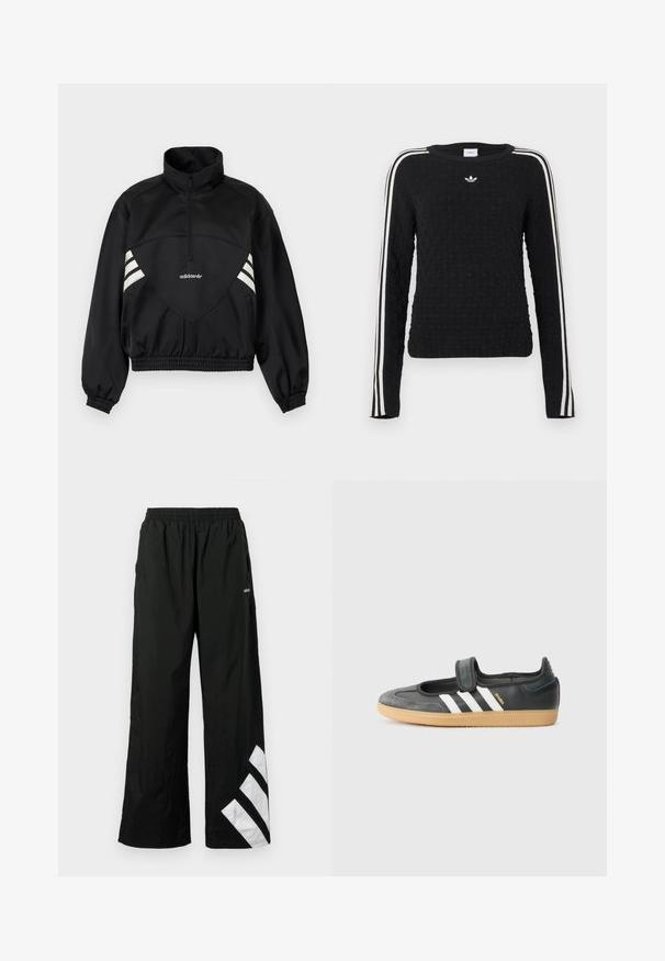 Μαύρο πουλόβερ Adidas με μισό φερμουάρ, λευκές πλαϊνές ρίγες, ελαστικές μανσέτες και ελαστικό τελείωμα σε μονόχρωμο φόντο.; Μαύρο πλεκτό πουλόβερ με υφή στην επιφάνεια, μακριά μανίκια, στρογγυλή λαιμόκοψη και λευκές ρίγες στα πλάγια με κεντημένο λογότυπο στο στήθος.; Μαύρο παντελόνι με φαρδιά μπατζάκια από ελαφρύ υλικό, με ελαστική μέση και λευκή διαγώνια ρίγα στο αριστερό πόδι.; Μαύρο δερμάτινο και σουέντ αθλητικό παπούτσι με ιμάντα Velcro, χαρακτηρισμένο από τρεις λευκές ρίγες και καουτσούκ σόλα, με την ένδειξη "SAMBA" στο πλάι.