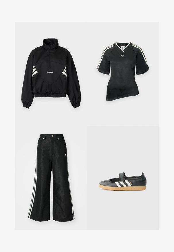 Čierna pulóverová bunda Adidas s polovičným zipsom, bielymi bočnými pruhmi, elastickými manžetami a elastickým lemom na jednofarebnom pozadí.; Čierne športové tričko s výstrihom do V, krátkym rukávom a textúrovaným vzorom chevron. Má biele tri pásikové ozdoby na ramenách a logo.; Čierne džínsy s širokým strihom, s tromi bielymi pruhmi po stranách a malým bielym logom. Obsahujú predné vrecká a zapínanie na gombík.; Čierne kožené a zamšové tenisky s Velcro pásikom, s tromi bielymi pruhmi a gumenou podrážkou, označené nápisom "SAMBA" na boku.