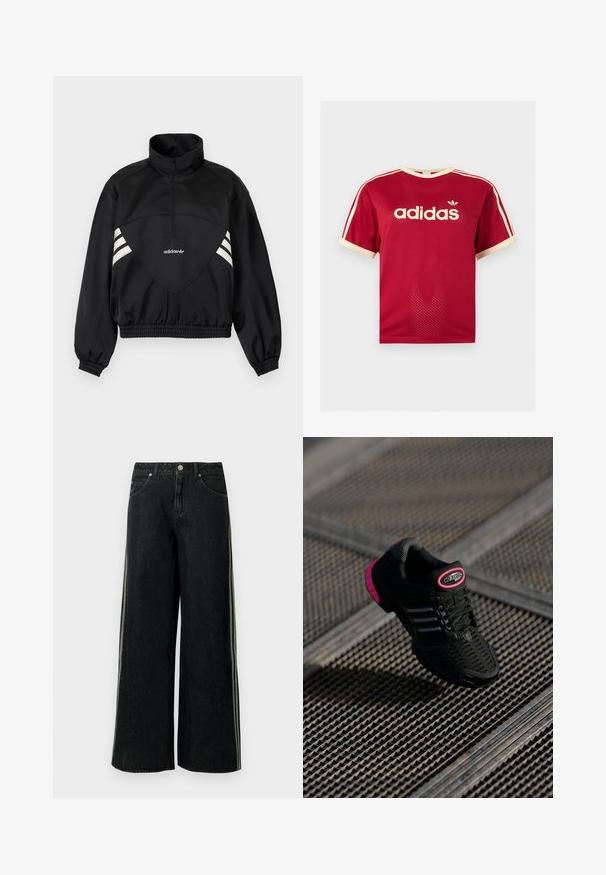Zwarte Adidas pulloverjas met halve rits, witte zijstrepen, elastische manchetten en elastische zoom op effen achtergrond.; Rood Adidas mesh t-shirt met beige bies aan de kraag, mouwen en de drie strepen op de schouders, met Adidas-logo en tekst op de voorkant.; Zwarte denim jeans met wijde pijpen, zijstrepen, voorzakken, lussen voor een riem en een metalen knoopsluiting in de taille.; Zwarte sportieve schoen met een bovenwerk van mesh, roze accenten en zwarte gestreepte details. Beschikt over een gestructureerde buitenzool en een logo-label op de hak.