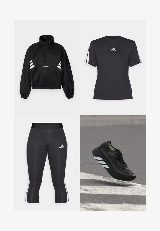 Sort Adidas pulloverjakke med halv lynlås, hvide sidestriber, elastiske manchetter og elastisk kant på ensfarvet baggrund.; Sort atletisk T-shirt lavet af blødt stof, med rund halsudskæring, korte ærmer og tre hvide striber på hver skulder. Hvidt logo på brystet.; Sorte capri leggings med en bred talje, udstyret med hvide sideløsninger og et hvidt Adidas-logo på venstre lår. Glat tekstur.; Sort løbesko med hvide striber på sålen, svævende over asfalt med hvide vejstriber og slynter små stykker op.