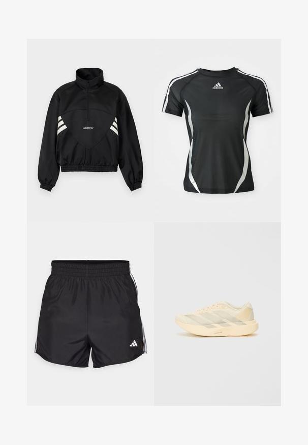 Zwarte Adidas pulloverjas met halve rits, witte zijstrepen, elastische manchetten en elastische zoom op effen achtergrond.; Zwarte Adidas sport T-shirt met korte mouwen, voorzien van witte strepen op de schouders en zilveren gebogen accenten aan de zijkanten.; Zwarte sportshorts met een elastische tailleband, zijsplitten en witte drievoudige strepenaccenten. Bevat een klein wit logo op de rechteronderkant.; Lichtgewicht hardloopschoen in lichtgeel en roomwit, met een gestructureerde mesh bovenzijde, drie diagonale strepen en een dikke buitenzool met "LIGHTSTRIKE PRO" detail.