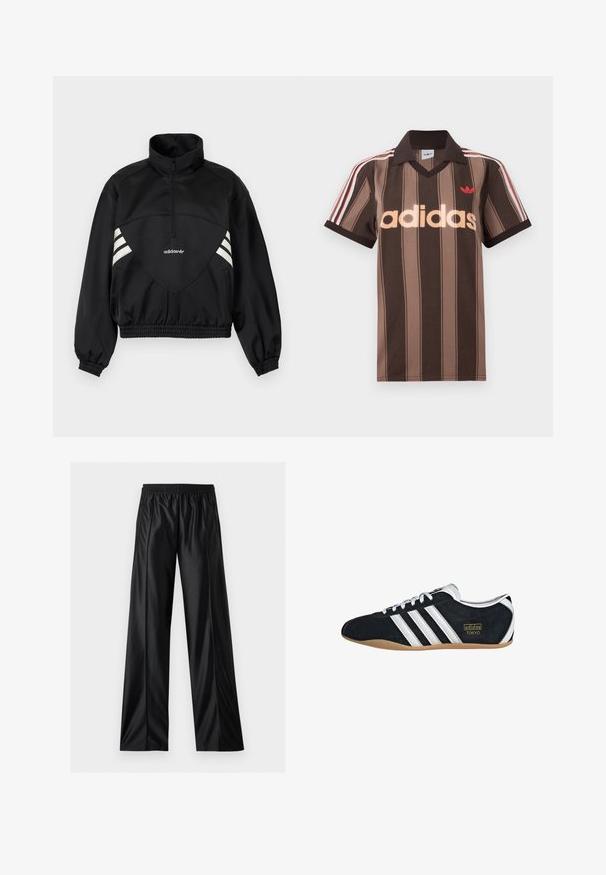 Čierna pulóverová bunda Adidas s polovičným zipsom, bielymi bočnými pruhmi, elastickými manžetami a elastickým lemom na jednofarebnom pozadí.; Hnedé prúžkované polo tričko Adidas s výstrihom do V, bordovým golierom a červeným logom. Má bielo-červené pruhy na ramenách a krátke rukávy.; Čierne široké nohavice z umělej kože s pružným pásom a zipsovými bočnými vreckami, zobrazené na bielom pozadí.; Čierne semišové tenisky s bielymi tromi pruhmi, zlatým logom a hnedou gumovou podrážkou. Disponujú nízkym šnurovacím dizajnom.