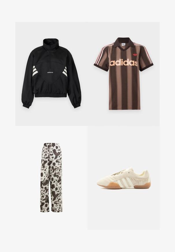 Sort Adidas pulloverjakke med halv lynlås, hvide sidestriber, elastiske manchetter og elastisk kant på ensfarvet baggrund.; Brunstribet Adidas polo-shirt med V-hals, bordeaux krave og rødt logo. Har hvide og røde skulderstriber samt korte ærmer.; adidas Originals COW PRINT SATIN WIDE LEG - Træningsbukser - multicolor off white; Lavprofileret beige sneaker med tre hvide striber, teksturerede ruskindssidepaneler, gummisål og snørelukning på ensfarvet baggrund.