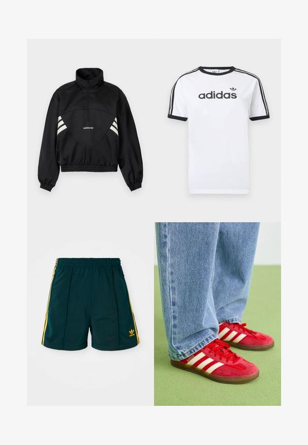Sort Adidas pulloverjakke med halv lynlås, hvide sidestriber, elastiske manchetter og elastisk kant på ensfarvet baggrund.; Hvid bomulds-T-shirt med sorte detaljer, har rundt halsudskæring, korte ærmer, tre sorte striber på skuldrene og adidas-logo i sort.; Mørkegrønne sportsshorts med elastisk talje, prydet med gule sidelister og et broderet gult logo på underbenet.; Røde ruskinds sneakers med tre hvide striber, rund tå og tekstureret sål, parret med lyseblå denim jeans på en grøn baggrund.