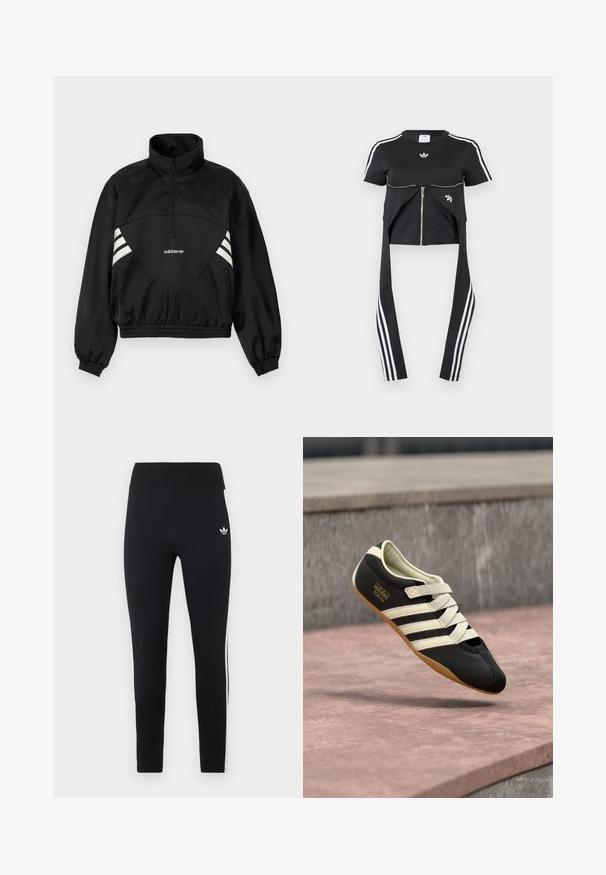 Veste à enfiler noire Adidas avec demi-fermeture éclair, bandes latérales blanches, poignets élastiques et ourlet élastique sur fond uni.; Haut noir à manches courtes avec des rayures blanches Adidas sur les manches, une fermeture éclair à l'avant et des panneaux de tissu prolongés suspendus avec trois rayures blanches.; Leggings de sport noir taille haute avec logo blanc sur la hanche et trois bandes blanches sur les côtés.; Chaussure de sport noire avec des rayures et des lacets crème, présentant un profil bas, une texture lisse et une semelle en caoutchouc pour une bonne adhérence. Étiquette de la marque visible.
