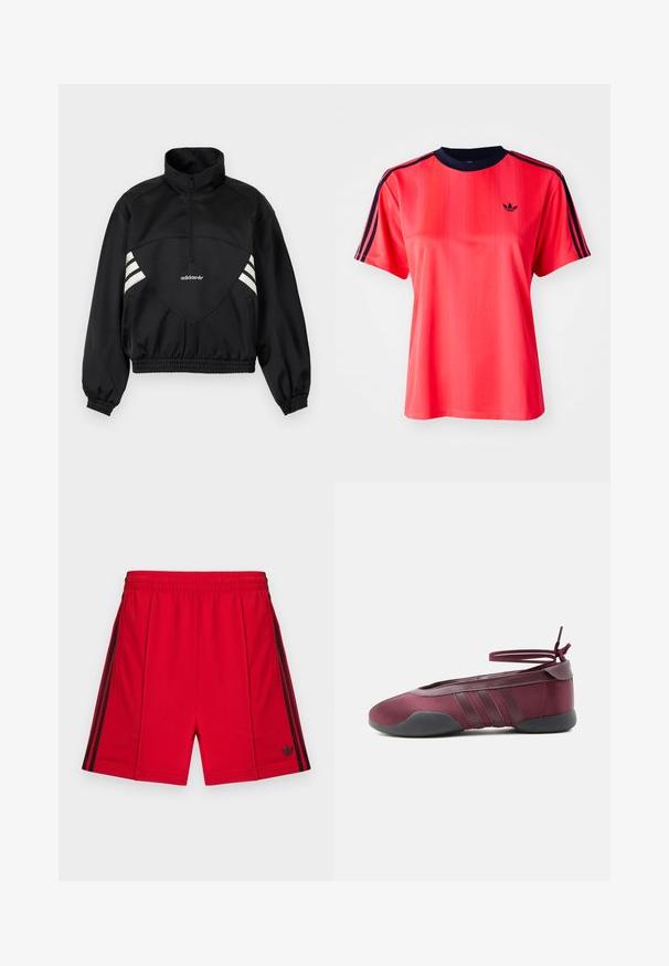 Μαύρο πουλόβερ Adidas με μισό φερμουάρ, λευκές πλαϊνές ρίγες, ελαστικές μανσέτες και ελαστικό τελείωμα σε μονόχρωμο φόντο.; Κόκκινη αθλητική μπλούζα με κοντά μανίκια, με κατακόρυφες ρίγες, ναυτικό λαιμό και ένα μικρό μαύρο λογότυπο μπροστά.; Κόκκινο αθλητικό σορτς με ελαστική μέση, με μαύρες πλευρικές ρίγες και ένα μικρό μαύρο λογότυπο στο κάτω αριστερό μπροστινό μέρος. Λείος υφής.; Μπαλαρίνα σε μπορντό με μαύρη σόλα, ελαστικούς ιμάντες στον αστράγαλο δεμένους σε φιόγκο και ραφές στις πλευρές, εμφανιζόμενη από την εξωτερική πλευρά.