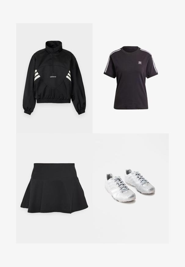 Must Adidase pullover-jakk pool lukuga, valgete küljeribade, elastsete mansettide ja elastse äärega ühtlasel taustal.; Must kõrge kaelusega must puuvillane T-särk lühikeste varrukatega, millel on valged triibud õlgadel ja väike valge Adidas'i logo rinna peal.; adidas Sportswear SKIRT - Spordiseelik - black; Hõbedased spordijalatsid, millel on sile ja läikiv tekstuur; kõver disain; hallid paelad; kummist tallad, millel on haardemustrid; ümar varvas.