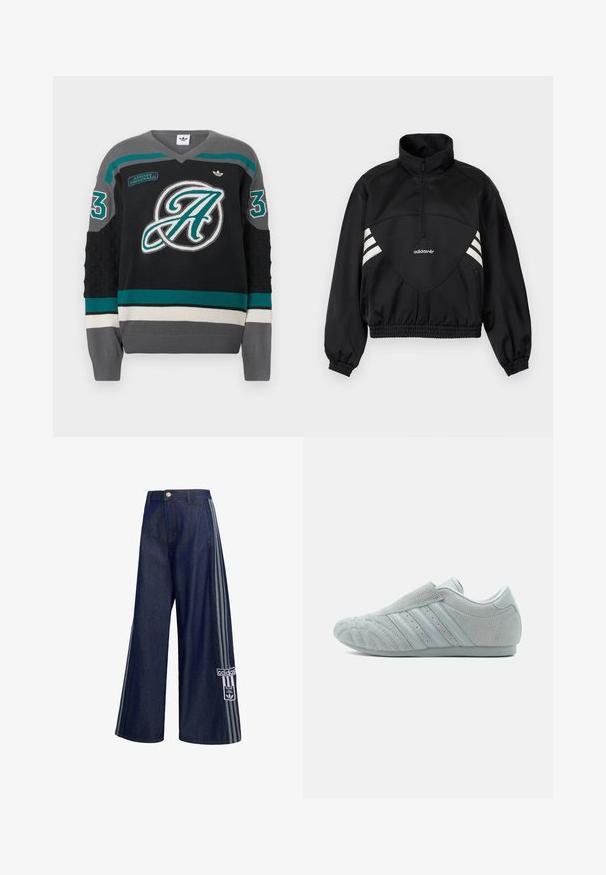 Veste à enfiler noire Adidas avec demi-fermeture éclair, bandes latérales blanches, poignets élastiques et ourlet élastique sur fond uni.; Pull en tricot noir avec col en V, rayures diagonales turquoise et grises, grand logo lettre "A", et ourlet contrastant avec des rayures. Taille 3.; Pantalon en denim bleu foncé à jambes larges avec des bandes grises sur les côtés, fermeture par boutons, poches avant et patch logo Adidas sur la jambe gauche.; Baskets en daim gris à enfiler avec surface texturée, présentant trois bandes latérales et un bout arrondi. Semelle en caoutchouc avec des détails de design minimalistes.
