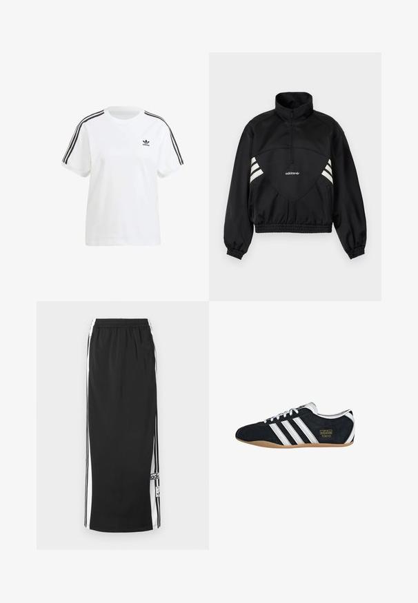 Čierna pulóverová bunda Adidas s polovičným zipsom, bielymi bočnými pruhmi, elastickými manžetami a elastickým lemom na jednofarebnom pozadí.; Biela bavlnená tričko so krátkymi rukávmi, okrúhlym výstrihom a čiernymi vertikálnymi pruhmi na ramene, s malým čiernym logom na hrudi.; Čierna dlhá športová sukňa s bielymi bočnými panelmi a čiernymi pruhmi, elastickým pásom a nášivkou s logom Adidas pri spodnom okraji.; Čierne semišové tenisky s bielymi tromi pruhmi, zlatým logom a hnedou gumovou podrážkou. Disponujú nízkym šnurovacím dizajnom.