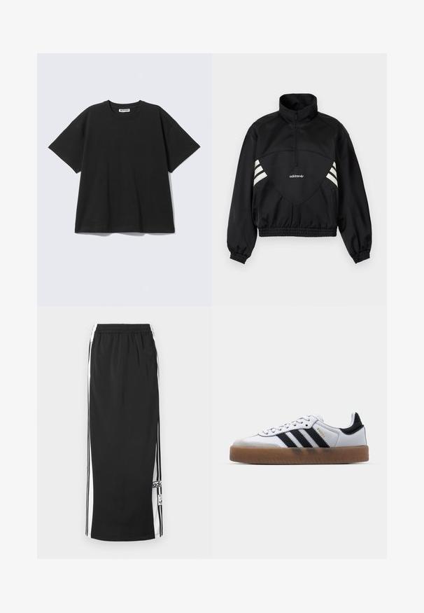 Black Adidas pullover jacket with half zipper, white side stripes, elastic cuffs, and elastic hem on plain background.; Black short-sleeve crew neck T-shirt with "WEEKDAY" label at the collar, laid flat on a light gray background.; Black long athletic skirt with white side panels and black stripes, elastic waistband, and Adidas logo patch near bottom hem.; White leather sneakers with black stripes, gum rubber outsole, round toe, lace-up closure, and soft gray suede toe cap.