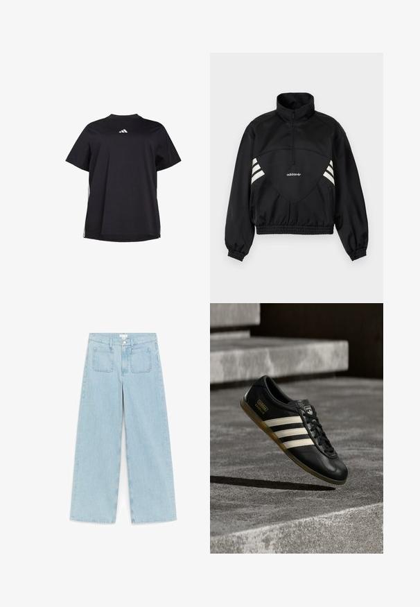 Schwarze Adidas Pulloverjacke mit halbem Reißverschluss, weißen Seitenstreifen, elastischen Bündchen und elastischem Saum auf schlichtem Hintergrund.; Schwarzes T-Shirt mit kurzen Ärmeln aus weichem Stoff, ausgestattet mit einem weißen horizontalen Akzent an den Seiten und einem weißen Logo auf der Brust.; Hellblaue Jeans mit weitem Bein, vorderen Pattentaschen, Gürtelschlaufen und Knopfverschluss am Bund.; Schwarzer Leder-Sneaker mit weißem Drei-Streifen-Design, strukturierten Akzenten, schwarzen Schnürsenkeln und einer Gummisohle. Markenlogo auf der Zunge sichtbar.