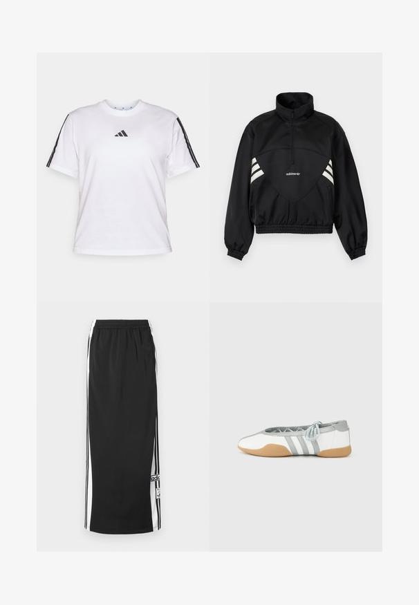 Čierna pulóverová bunda Adidas s polovičným zipsom, bielymi bočnými pruhmi, elastickými manžetami a elastickým lemom na jednofarebnom pozadí.; Biela bavlnená tričko s okrúhlym výstrihom, krátkymi rukávmi a čiernymi trojprúžkovými akcentmi na pleciach so značkou Adidas na hrudi.; Čierna dlhá športová sukňa s bielymi bočnými panelmi a čiernymi pruhmi, elastickým pásom a nášivkou s logom Adidas pri spodnom okraji.; Biele a sivé balerínky s okrúhlou špičkou a elastickou šnúrkou, s tromi sivými pruhmi a béžovou gumovou podrážkou.
