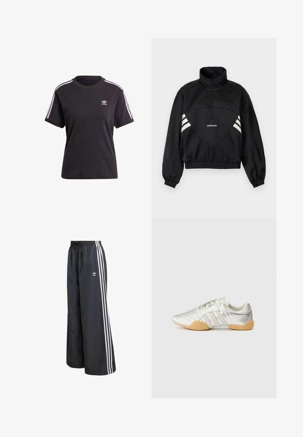 Schwarze Adidas Pulloverjacke mit halbem Reißverschluss, weißen Seitenstreifen, elastischen Bündchen und elastischem Saum auf schlichtem Hintergrund.; Schwarzes Baumwoll-T-Shirt mit kurzen Ärmeln und Rundhalsausschnitt, mit weißen Streifen auf den Schultern und einem kleinen weißen Adidas-Logo auf der Brust.; Schwarze Sporthose aus leichtem Material, mit drei weißen vertikalen Streifen und einem elastischen Bund mit Kordelzug.; Silberner Sportschuh mit glattem Lederobermaterial, Gummisohle und strukturierten Akzenten. Verfügt über ein geschwungenes Design und tonale Schnürsenkel.
