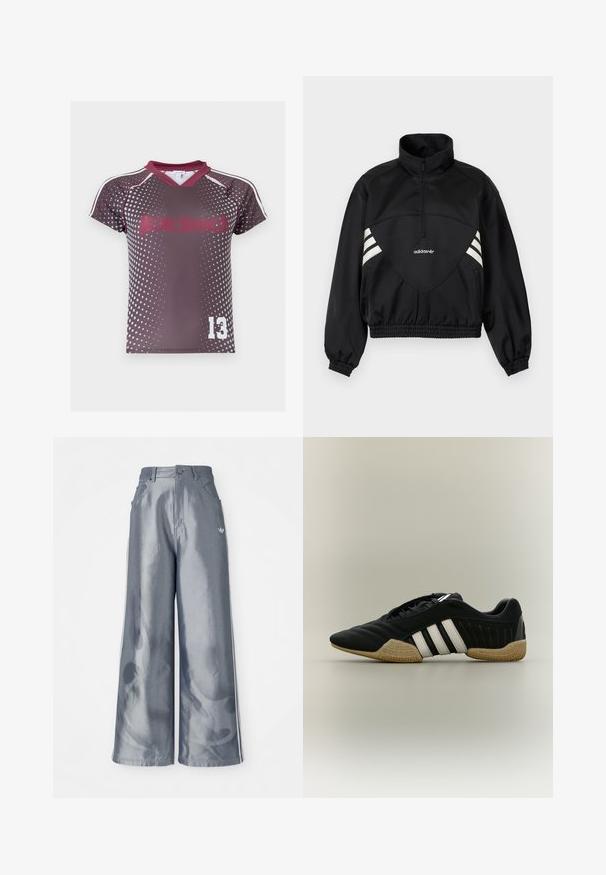 Μαύρο πουλόβερ Adidas με μισό φερμουάρ, λευκές πλαϊνές ρίγες, ελαστικές μανσέτες και ελαστικό τελείωμα σε μονόχρωμο φόντο.; Αθλητική φανέλα με κοντά μανίκια σε σκούρο μωβ με λευκό σχέδιο από πουά, μπορντό γιακά και λευκό αριθμό 13 στο κάτω μπροστινό δεξί μέρος.; Παντελόνια με φαρδιά πόδια από γυαλιστερό γκρι υλικό, που διαθέτουν άσπρες λωρίδες στα πλάγια και σχέδιο φλόγας στα κάτω άκρα. Κλείσιμο με κουμπί και φερμουάρ στη μέση.; Μαύρο αθλητικό παπούτσι με λευκές ρίγες και μπεζ υφασμένο πάτο σε ουδέτερο φόντο, εμφανίζεται σε πλαϊνή όψη.