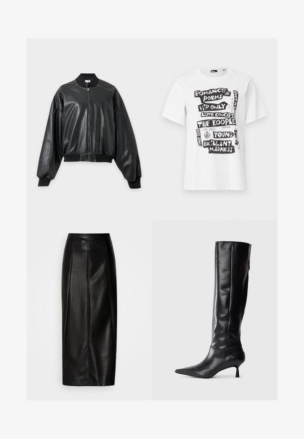 Veste bomber noire en similicuir avec col, poignets et ourlet côtelés, dotée de longues manches ballon et d'une fermeture éclair devant.; T-shirt blanc à manches courtes avec des phrases en texte noir en blocs, notamment "Romance & Poèmes", "Concert d'amour", "The Kooples" et "Folie Brillante".; Jupe midi en cuir noir avec une taille ajustée, une texture lisse, des détails de coutures apparentes et une silhouette droite. Aucune décoration présente.; Botte en cuir noir hautes jusqu'au genou avec un bout pointu et un talon fin et courbé. Texture lisse, design ajusté, sans matériel ni motifs visibles.