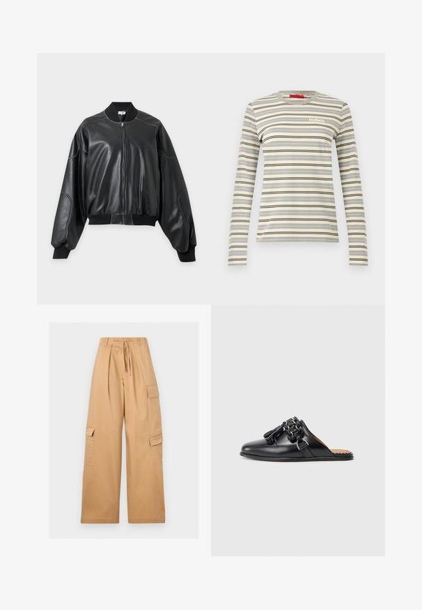 Veste bomber noire en similicuir avec col, poignets et ourlet côtelés, dotée de longues manches ballon et d'une fermeture éclair devant.; T-shirt à manches longues avec col rond, rayures horizontales beige, grises, noires et jaunes, et petit logo blanc "MAX&Co." sur la poitrine.; Pantalon cargo beige à jambes larges avec plis sur le devant, poches latérales à rabat, passants de ceinture et ceinture en tissu à nouer à la taille.; Chaussure noire en cuir à enfiler avec un bout arrondi, présentant un accent de chaîne tressée et des franges. Texture lisse et semelle plate.