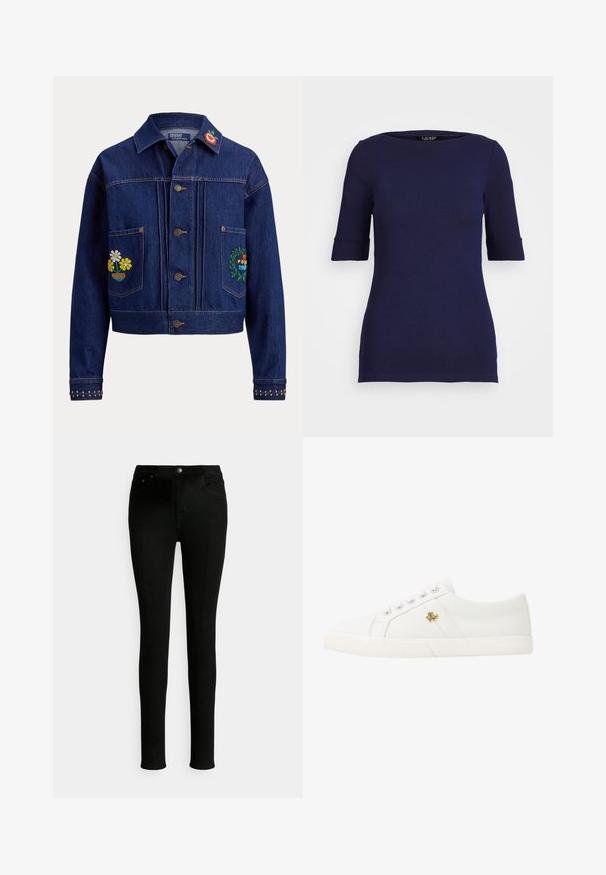 Donkerblauwe spijkerjas met knopen aan de voorkant, bloemenborduurwerk op de linkerzak, kraag, rechterzak en manchetten.; Marineblauw T-shirt met korte mouwen, een ronde hals en omgeslagen mouwen, gemaakt van een soepele, rekbare stof met een fitted ontwerp.; Zwarte denim jeans met een slim fit, voorzien van een standaard tailleband, voorzakken en een klassieke knoopsluiting.; Lauren Ralph Lauren JANSON II CANVAS SNEAKER - Sneakers laag - optic white