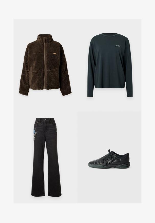 Chaqueta de forro polar marrón con cuello alto, cremallera frontal completa y bolsillos laterales, confeccionada con un tejido grueso, texturizado y suave.; Camiseta de manga larga verde oscuro hecha de algodón suave. Cuenta con un cuello redondo y un pequeño logotipo "OBEY" bordado en el pecho.; Vaqueros negros de talle alto y pierna ancha con diseños florales bordados en azul y blanco en la parte superior de los muslos y estilo de cinco bolsillos.; Zapatilla deportiva de cuero negro con un diseño acolchado, punta redondeada, cordones en la parte delantera y suela de goma. Presenta un sutil logotipo en el lateral.