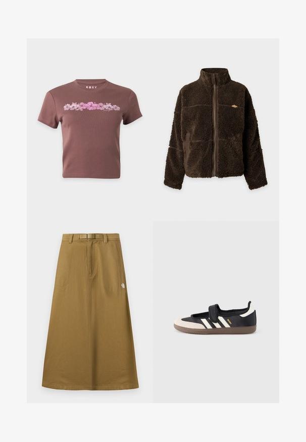 Veste polaire marron à col montant avec fermeture éclair intégrale devant et poches latérales, réalisée dans un tissu épais, texturé et doux.; T-shirt marron court avec manches courtes, présentant une rangée horizontale de fleurs d'hibiscus roses et le nom de la marque Roxy au-dessus du motif.; Jupe longue extérieure beige avec poches avant, ceinture intégrée et logo The North Face sur le côté droit.; Baskets noires et beiges avec une bride en velcro, trois bandes blanches sur le côté, et une semelle en caoutchouc marron texturée. Logo de la marque visible.
