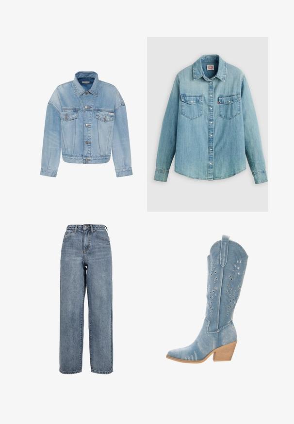 Hellblaue Jeansjacke mit Knopfverschluss, zwei aufgesetzten Taschen vorne und einem kleinen Calvin Klein-Logo auf der linken Tasche.; Hellblaues Denimhemd mit klassischem Kragen, vorderer Knopfleiste, zwei Brusttaschen und geknöpften Manschetten sowie einem leicht geschwungenen Saum.; Hellblaue weit geschnittene Jeans aus Denim mit hoher Taille, fünf Taschen und sichtbaren Nähten entlang der Nähte.; Denim-Cowboy-Stiefel, hellblau, spitz zulaufende Zehenpartie, Ausschnittdetails mit dreieckigen Formen, niedriger, gestapelter Absatz, strukturierte Oberfläche.
