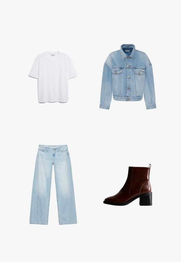 Lyseblå denimjakke med knaplukning, to forlommer med klap og et lille Calvin Klein-logo på venstre lomme.; Hvid bomulds t-shirt med korte ærmer, rund halsudskæring og en afslappet pasform. Ingen synlige mønstre eller logoer. Glat tekstur.; Lyseblå vidde jeans med forlommer, bæltestropper og knaplukning.; Brun læder ankelstøvle med firkantet tå og sidesøm, en 7,5 cm stablet hæl og en trækflap bagpå for nem påtagning.