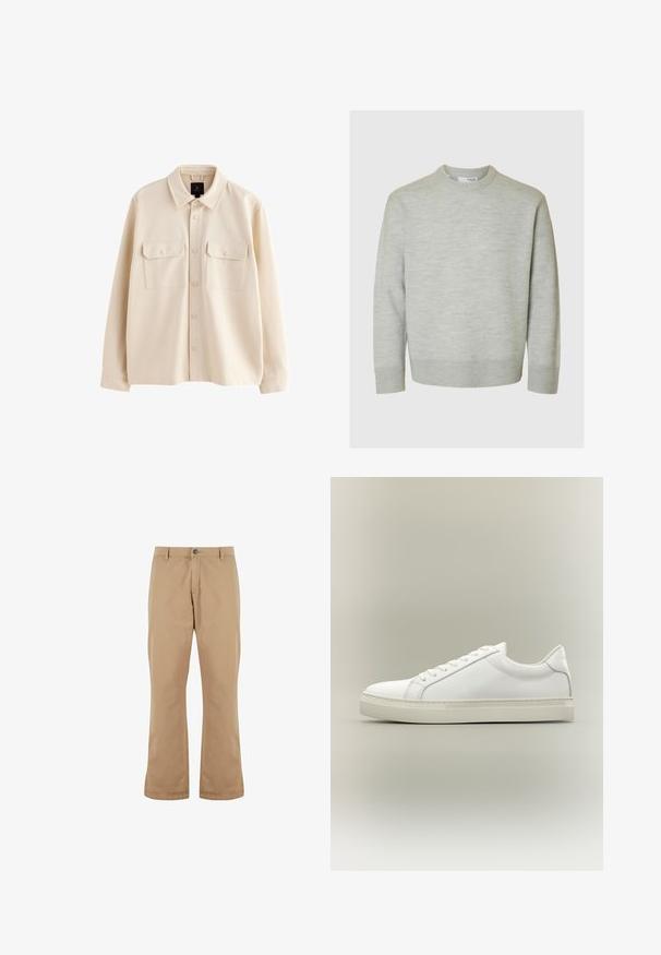 Beige overhemdjas met lange mouwen, kraag, knoopsluiting aan de voorkant en twee borstzakken met klep en knopen.; Lichtgrijs gebreid sweatshirt met lange mouwen, geribde manchetten, zoom en ronde halslijn.; Beige katoenen broek met een rechte snit, voorzien van een knoopsluiting, zijzakken en een gladde textuur.; Witte lage sneaker met veters aan de voorkant en dikke zool, zijaanzicht tegen een neutrale achtergrond.