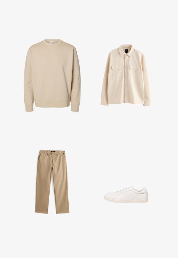 Beige overhemdjas met lange mouwen, kraag, knoopsluiting aan de voorkant en twee borstzakken met klep en knopen.; Beige sweater met ronde hals, lange mouwen, geribde boorden en zoom, en een klein gestikt V-detail onder de kraag.; Beige rechte broek met knoop- en ritssluiting, ceintuurlussen en zijzakken, plat liggend op een witte achtergrond.; Witte low-top sneaker met veterluiting en platte zool, weergegeven in zijprofiel op een witte achtergrond.