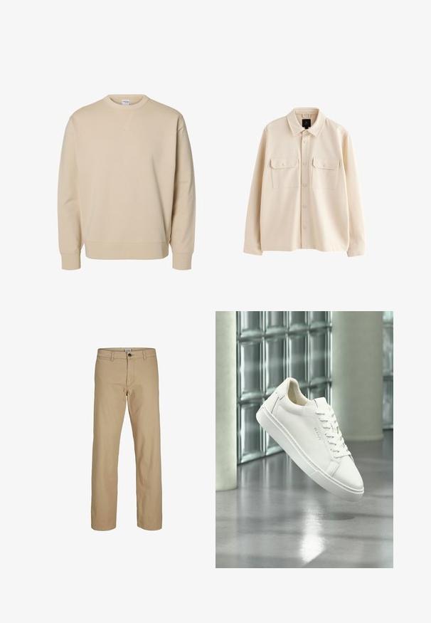 Cazadora camisa beige de manga larga con cuello, cierre de botones y dos bolsillos en el pecho con solapas y botones.; Sudadera beige con cuello redondo, mangas largas, puños y bajo acanalados, y un pequeño detalle en forma de V cosido debajo del cuello.; Pantalones beige de corte recto con cierre de botones, trabillas para cinturón y bolsillos delanteros, mostrados sobre un fondo blanco.; Zapatilla blanca de corte bajo con cordones flotando sobre un suelo de hormigón reflectante frente a una pared de bloques de vidrio.