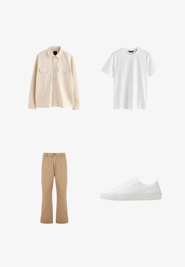 Beige overhemdjas met lange mouwen, kraag, knoopsluiting aan de voorkant en twee borstzakken met klep en knopen.; Effen wit T-shirt met korte mouwen en een ronde hals van gladde stof met een zwart label bij de kraag.; Beige katoenen broek met een rechte snit, voorzien van een knoopsluiting, zijzakken en een gladde textuur.; Witte leren sneaker met een gladde afwerking, ronde neus en zes oogjes voor veters. Voorzien van een getextureerde rubberen zool en een minimalistisch ontwerp.