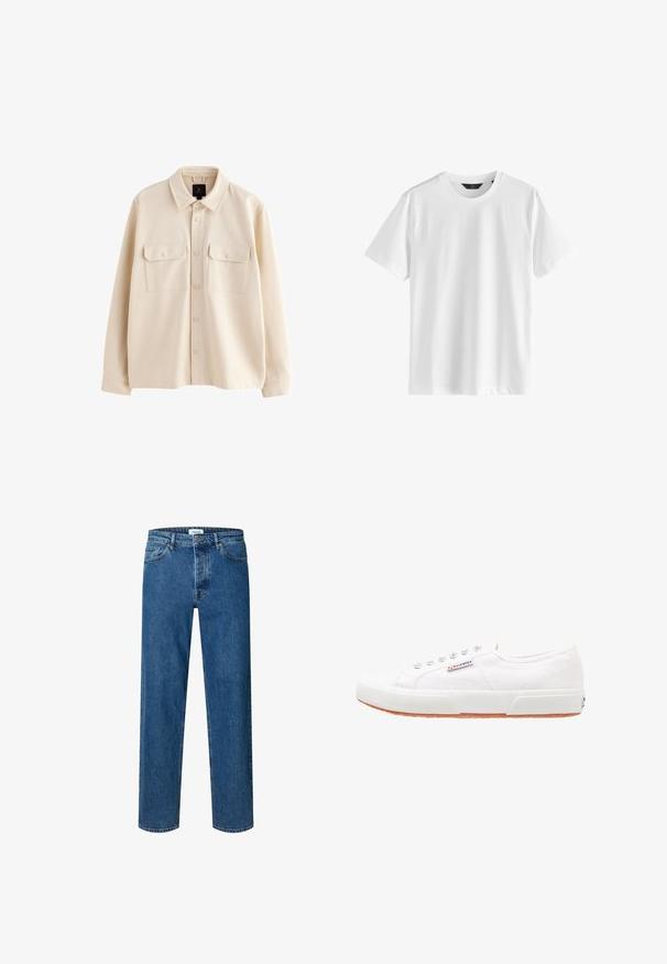 Beige langärmelige Hemdjacke mit Kragen, Knopfleiste vorne und zwei Brusttaschen mit Klappen und Knöpfen.; Einfaches weißes T-Shirt mit kurzen Ärmeln und Rundhalsausschnitt aus glattem Stoff und einem schwarzen Etikett am Kragen.; Blaue Jeans mit geradem Bein, Knopf- und Reißverschluss, Gürtelschlaufen und Fünf-Taschen-Design.; Weiße Leinensneaker mit Gummisohle, Schnürdesign und einem kleinen Logolabel an der Seite. Strukturierte weiße Oberseite und braune Außensohle.