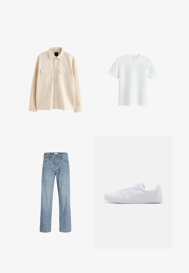 Beige langærmet skjortejakke med krave, forside med knapper og to brystlommer med klapper og knapper.; Hvid kortærmet bomulds t-shirt med rund halsudskæring, vist på hvid baggrund.; Lyseblå denimjeans med lige ben, høj talje, fem-lommers design og subtilt slid, med metalknaplukning.; Hvide lærreds sneakers med gummisål, der har seks snørehuller, en struktureret tåkap og et minimalistisk design.