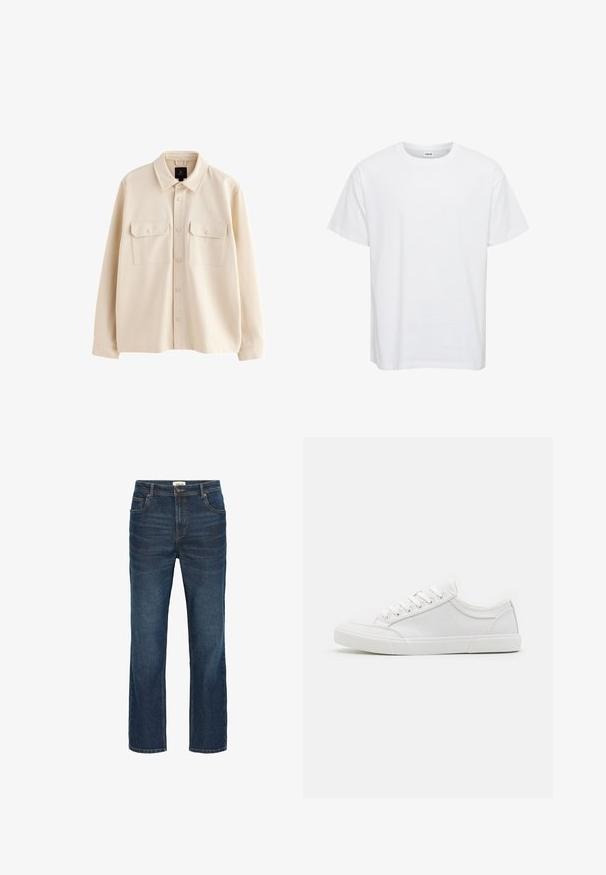 Beige langärmelige Hemdjacke mit Kragen, Knopfleiste vorne und zwei Brusttaschen mit Klappen und Knöpfen.; Weißes Baumwoll-T-Shirt mit kurzen Ärmeln, Rundhalsausschnitt und lockerer Passform. Glatte Textur, keine Muster oder Akzente. Einfaches Design.; Dunkelblaue Denim-Jeans mit einem geraden Schnitt, fünf Taschen, kontrastierenden Nähten und einem Bund mit einem Metallknopf und Gürtelschlaufen.; Weiße Sneakers mit einem Obermaterial aus glattem Leder, runder Zehenpartie, flacher Gummisohle und sechs Ösen für die Schnürsenkel. Subtile Nähdetails, minimalistisches Design.