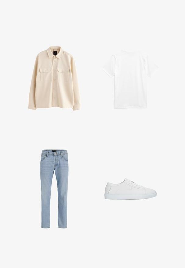 Beige langärmelige Hemdjacke mit Kragen, Knopfleiste vorne und zwei Brusttaschen mit Klappen und Knöpfen.; Weißes Baumwoll-T-Shirt mit kurzen Ärmeln und Rundhalsausschnitt. Der Stoff wirkt glatt ohne Muster oder sichtbare Hardware.; Helle blaue Denim-Jeans mit schlankem Schnitt, Fünf-Taschen-Design, subtiler verblasster Textur und Metallbeschlägen am Reißverschluss und der Knopfleiste.; Weißer niedriger Sneaker mit Schnürdesign, glattem Lederobermaterial und flacher Gummisohle, seitlich auf weißem Hintergrund dargestellt.