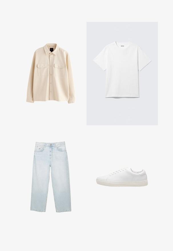 Beige langærmet skjortejakke med krave, forside med knapper og to brystlommer med klapper og knapper.; Hvid kortærmet crewneck T-shirt lagt fladt ud, ensfarvet design, med "WEEKDAY" mærkat inde i kraven på en lys baggrund.; Lysblå højtaljede straight-leg jeans med frontknap, lommer og lille mærket metalmærke på den højre forlommer.; Hvide lædersneakers med en glat overflade, rund tå, snørebåndslukning og flad gummisål. Minimalistisk design uden synlige mønstre.