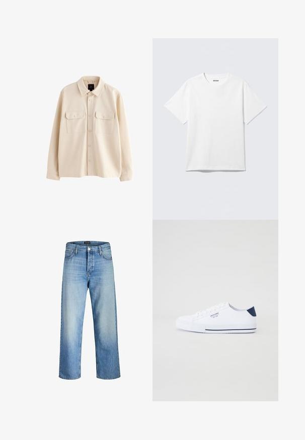 Beige overhemdjas met lange mouwen, kraag, knoopsluiting aan de voorkant en twee borstzakken met klep en knopen.; Witte T-shirt met korte mouwen en ronde hals, plat gelegd, effen ontwerp, met een "WEEKDAY" label in de kraag op een lichte achtergrond.; Lichtblauwe denim jeans met een ontspannen pasvorm, voorzien van een hoge taille, voorkwamen en een rechte pijp, met subtiele vervaging.; Witte canvas sneakers met een marineblauwe hielaccent, platte rubberen zool, ronde neus en witte veters. Kenmerkt logo op de zijkant.