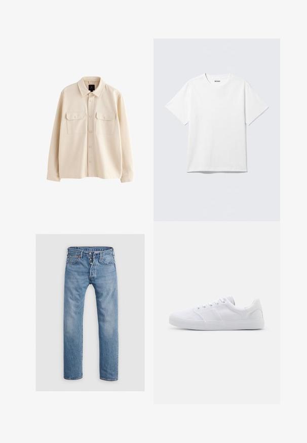 Beige langærmet skjortejakke med krave, forside med knapper og to brystlommer med klapper og knapper.; Hvid kortærmet crewneck T-shirt lagt fladt ud, ensfarvet design, med "WEEKDAY" mærkat inde i kraven på en lys baggrund.; Lysblå denim jeans med en lige ben-design, fem lommer og en knaplukning. Har diskrete falmede områder og syninger som accent.; Hvide lærreds sneakers med gummisål, der har seks snørehuller, en struktureret tåkap og et minimalistisk design.