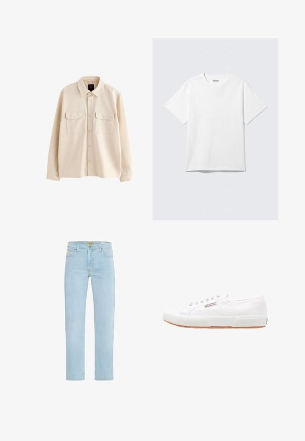 Beige overhemdjas met lange mouwen, kraag, knoopsluiting aan de voorkant en twee borstzakken met klep en knopen.; Witte T-shirt met korte mouwen en ronde hals, plat gelegd, effen ontwerp, met een "WEEKDAY" label in de kraag op een lichte achtergrond.; Lichtblauwe denim jeans met een rechte pasvorm, traditioneel vijf-pocketontwerp, en een messing knoop en ritsluiting aan de voorkant.; Witte canvas sneakers met een rubberen zool, vetersluiting en een klein logolabel aan de zijkant. Gewreven wit bovenwerk en een bruine zool.